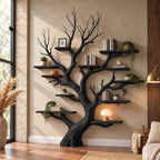 Wall Tree Bookshelf with Twin Forked Rooted Trunk and Short Shelves at Many Heights