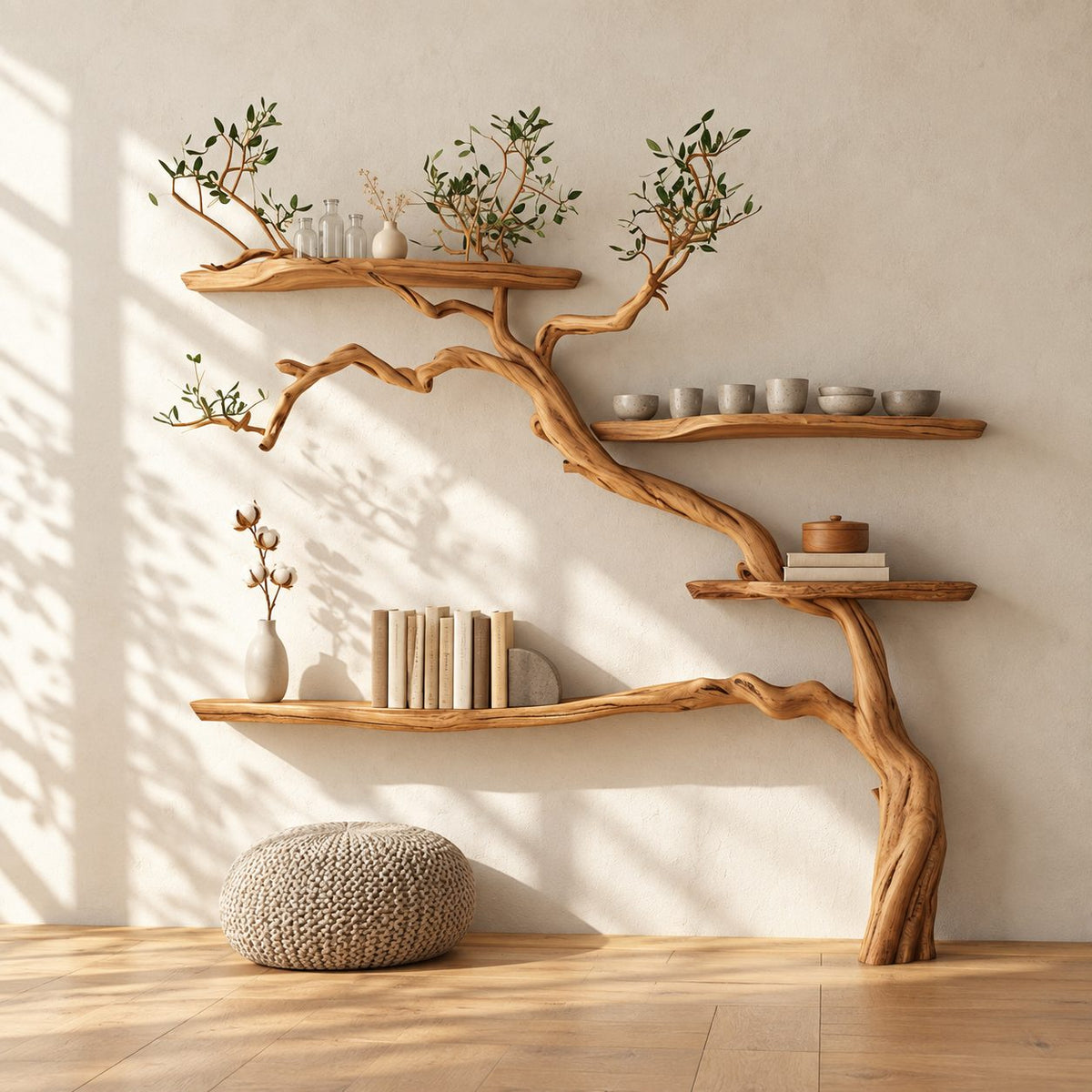 Tree Bookshelf with Arching Curved Trunk and Long Live Edge Shelves, Montessori Wall Bookcase
