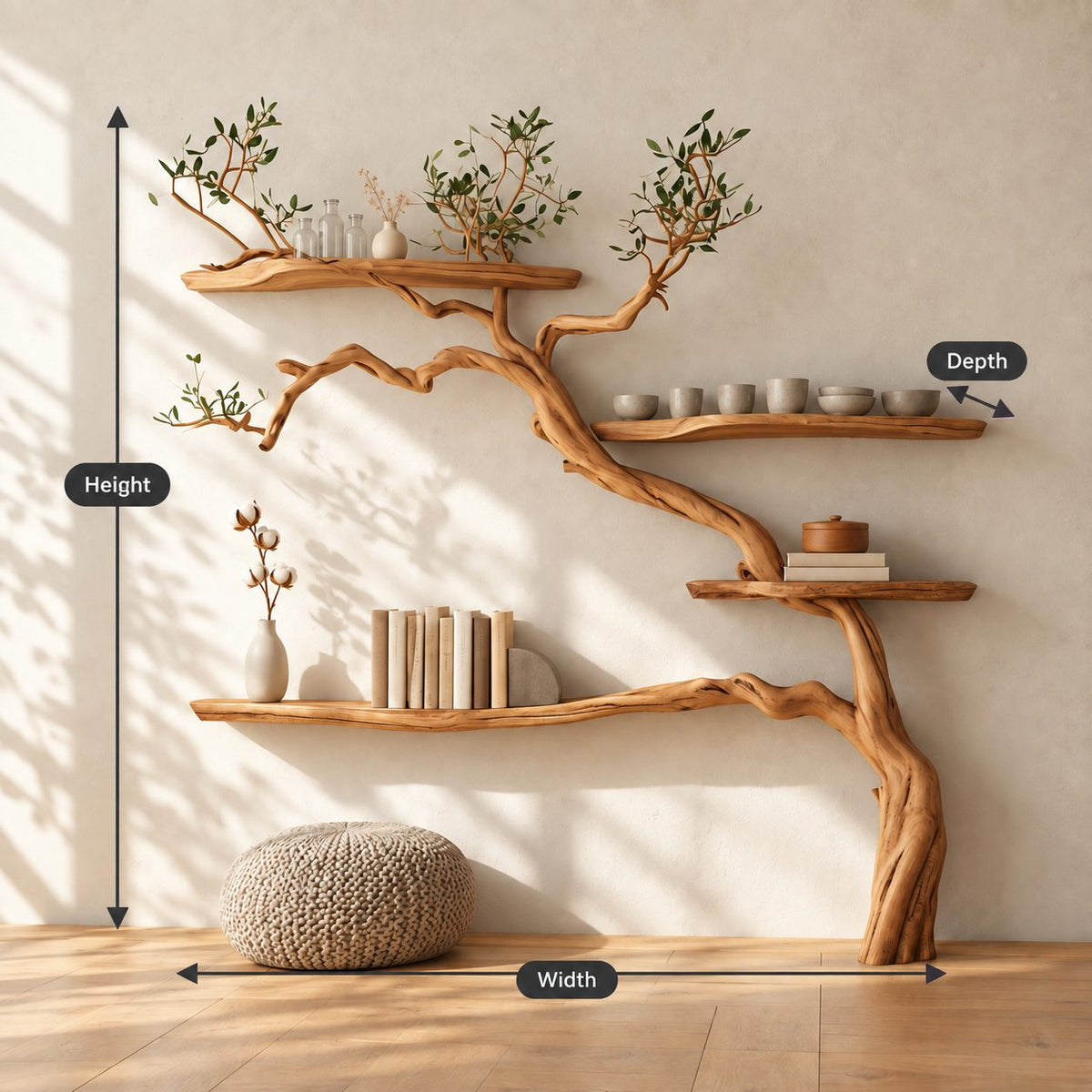 Tree Bookshelf with Arching Curved Trunk and Long Live Edge Shelves, Montessori Wall Bookcase