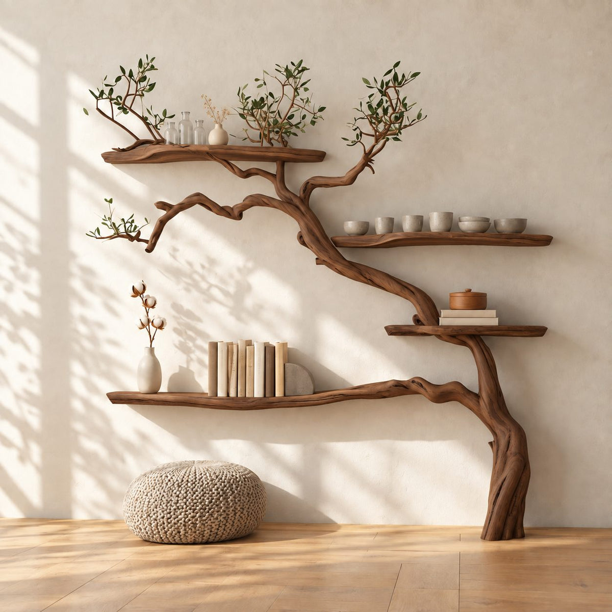 Tree Bookshelf with Arching Curved Trunk and Long Live Edge Shelves, Montessori Wall Bookcase