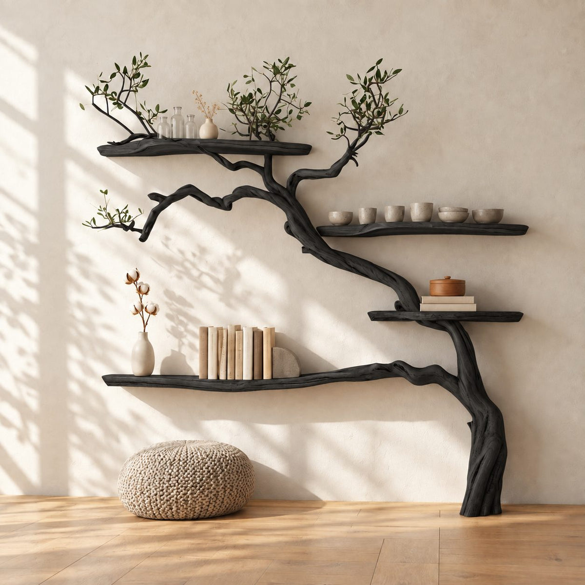 Tree Bookshelf with Arching Curved Trunk and Long Live Edge Shelves, Montessori Wall Bookcase