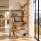Tree Bookshelf with Twisting Sculpted Trunk and Live Edge Slab Shelves, Freestanding Wood Bookcase