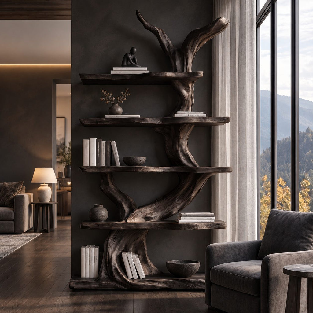 Tree Bookshelf with Twisting Sculpted Trunk and Live Edge Slab Shelves, Freestanding Wood Bookcase