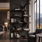 Tree Bookshelf with Twisting Sculpted Trunk and Live Edge Slab Shelves, Freestanding Wood Bookcase
