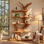 Tree Bookshelf with Twisting Sculpted Trunk and Live Edge Slab Shelves, Freestanding Wood Bookcase