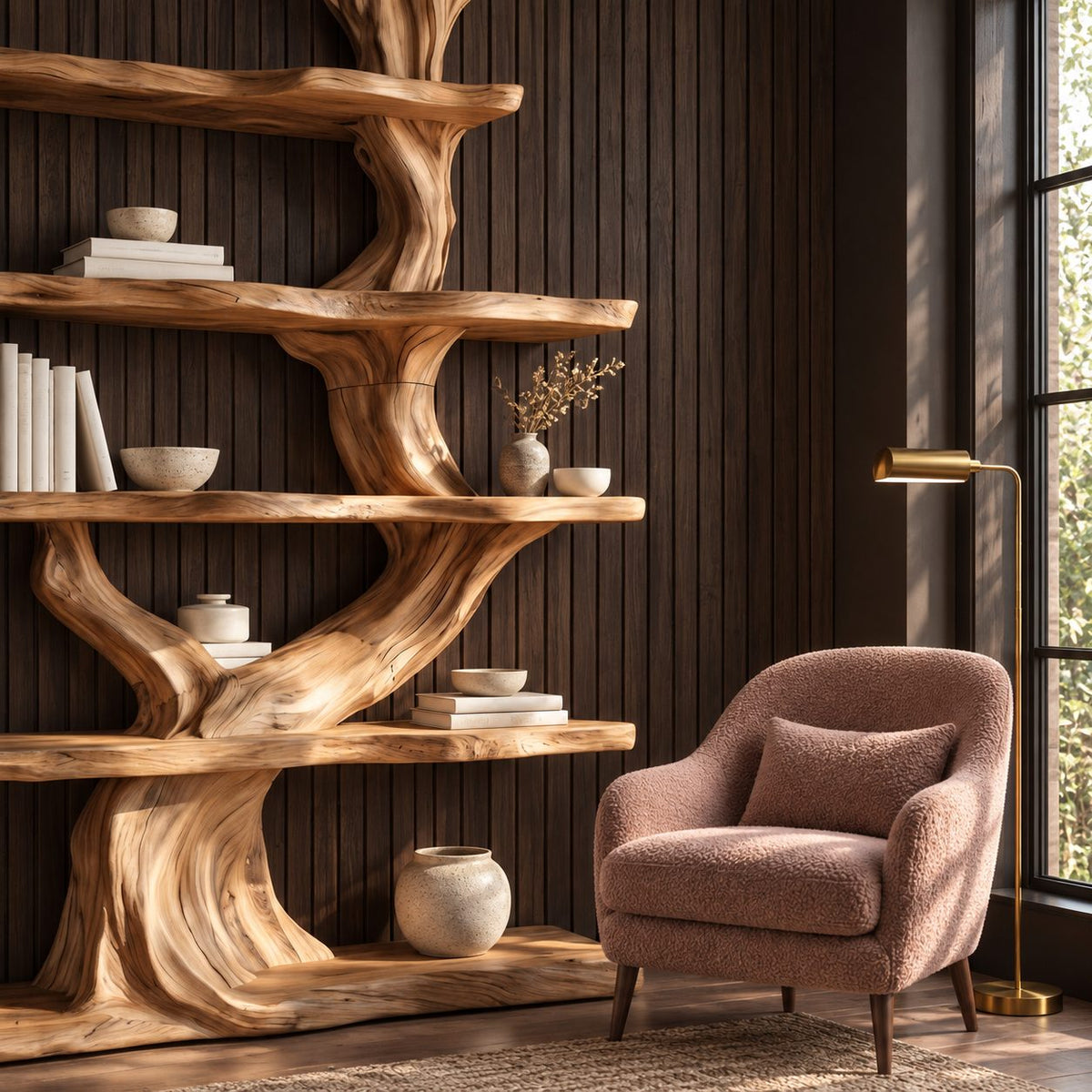 Tree Bookshelf with Twisting Sculpted Trunk and Live Edge Slab Shelves, Freestanding Wood Bookcase