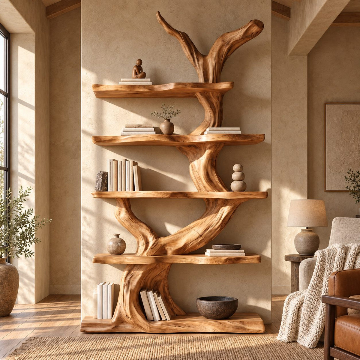Tree Bookshelf with Twisting Sculpted Trunk and Live Edge Slab Shelves, Freestanding Wood Bookcase