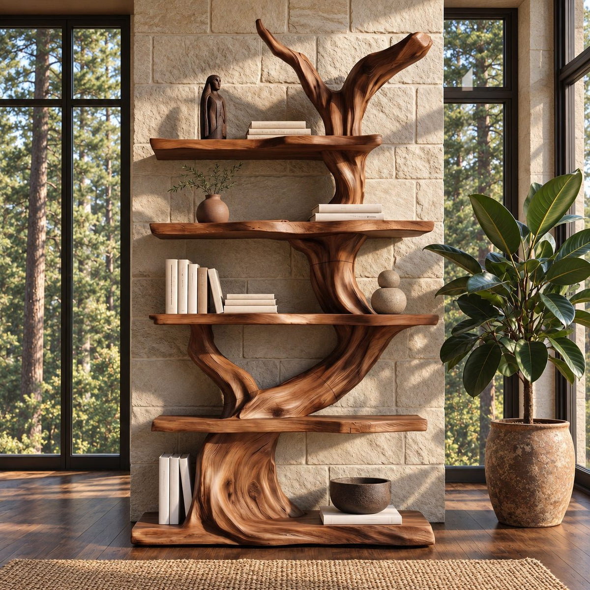 Tree Bookshelf with Twisting Sculpted Trunk and Live Edge Slab Shelves, Freestanding Wood Bookcase