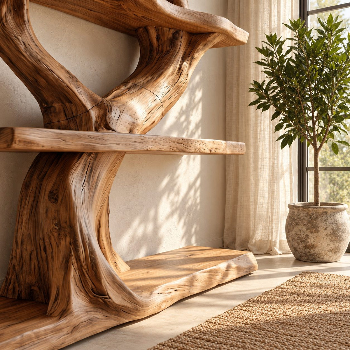 Tree Bookshelf with Twisting Sculpted Trunk and Live Edge Slab Shelves, Freestanding Wood Bookcase