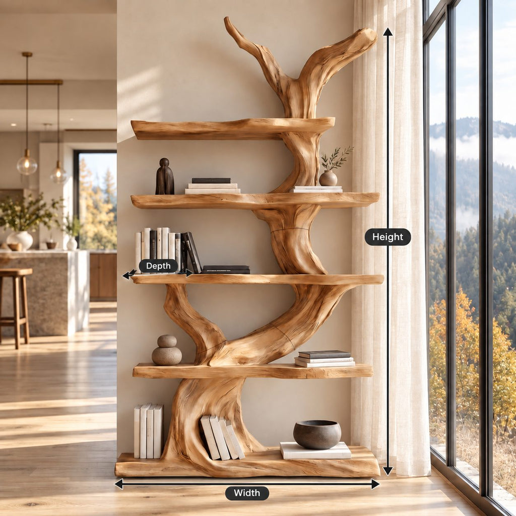 Tree Bookshelf with Twisting Sculpted Trunk and Live Edge Slab Shelves, Freestanding Wood Bookcase