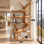Tree Bookshelf with Twisting Sculpted Trunk and Live Edge Slab Shelves, Freestanding Wood Bookcase