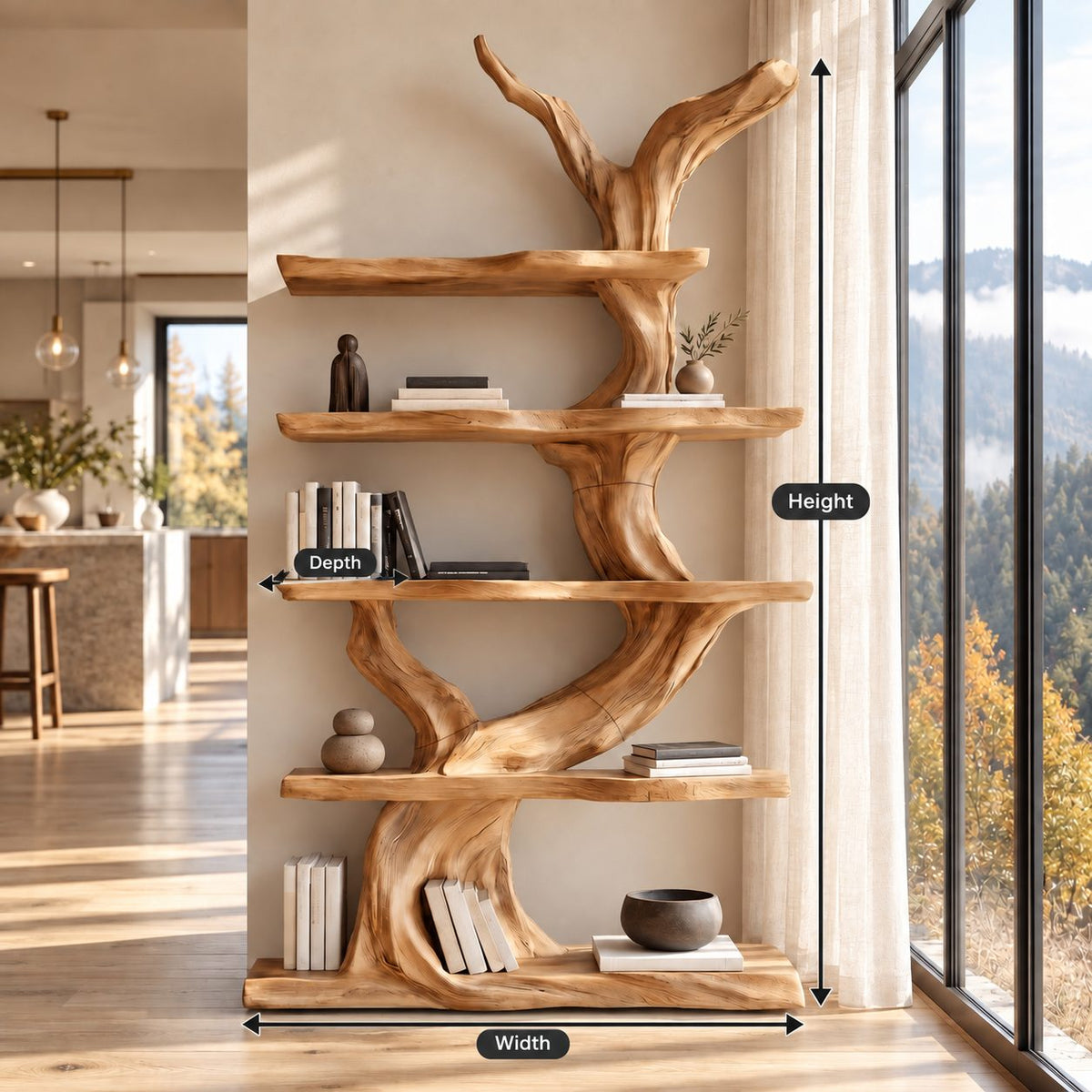 Tree Bookshelf with Twisting Sculpted Trunk and Live Edge Slab Shelves, Freestanding Wood Bookcase