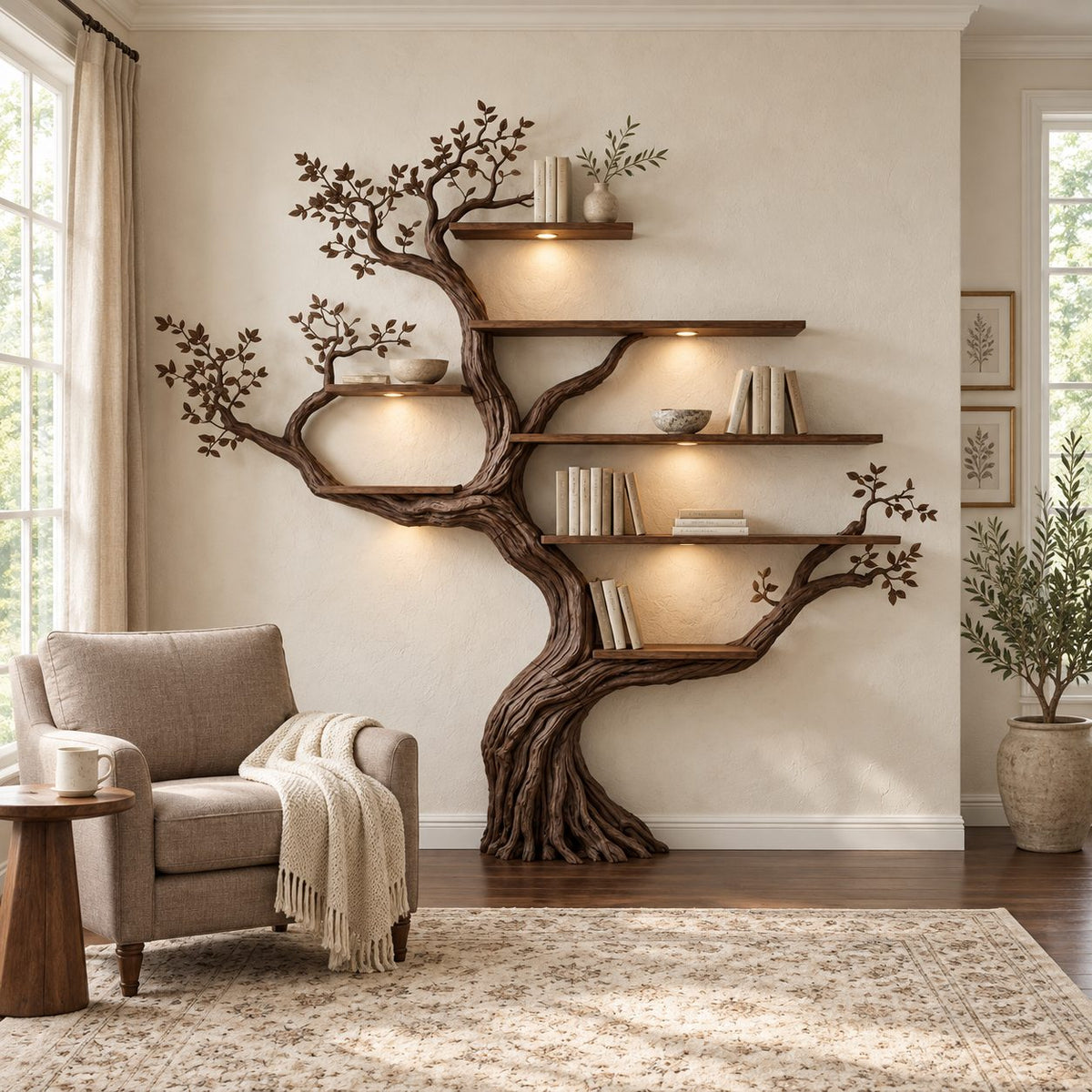 Wall Tree Bookshelf with Gnarled Trunk and Carved Leaf Branches, Floating Branch Bookcase 70 Inch