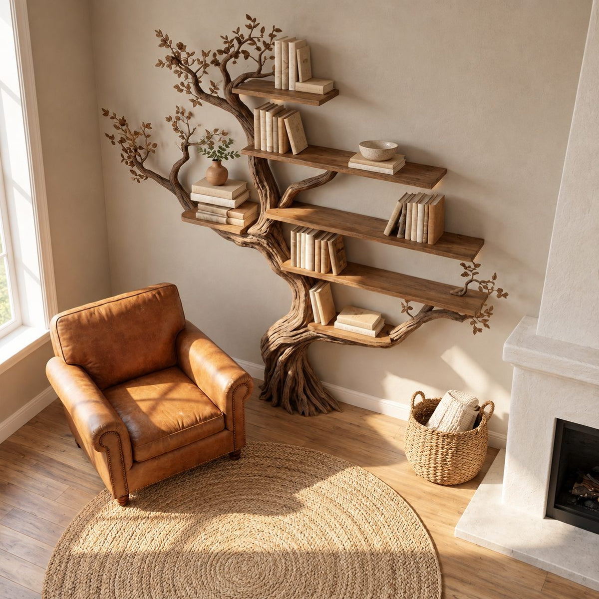 Wall Tree Bookshelf with Gnarled Trunk and Carved Leaf Branches, Floating Branch Bookcase 70 Inch