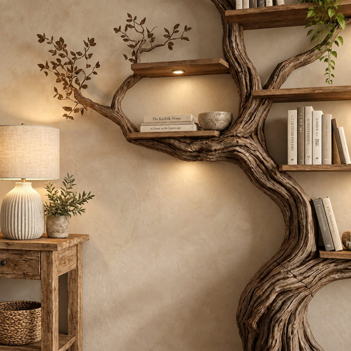 Wall Tree Bookshelf with Gnarled Trunk and Carved Leaf Branches, Floating Branch Bookcase 70 Inch
