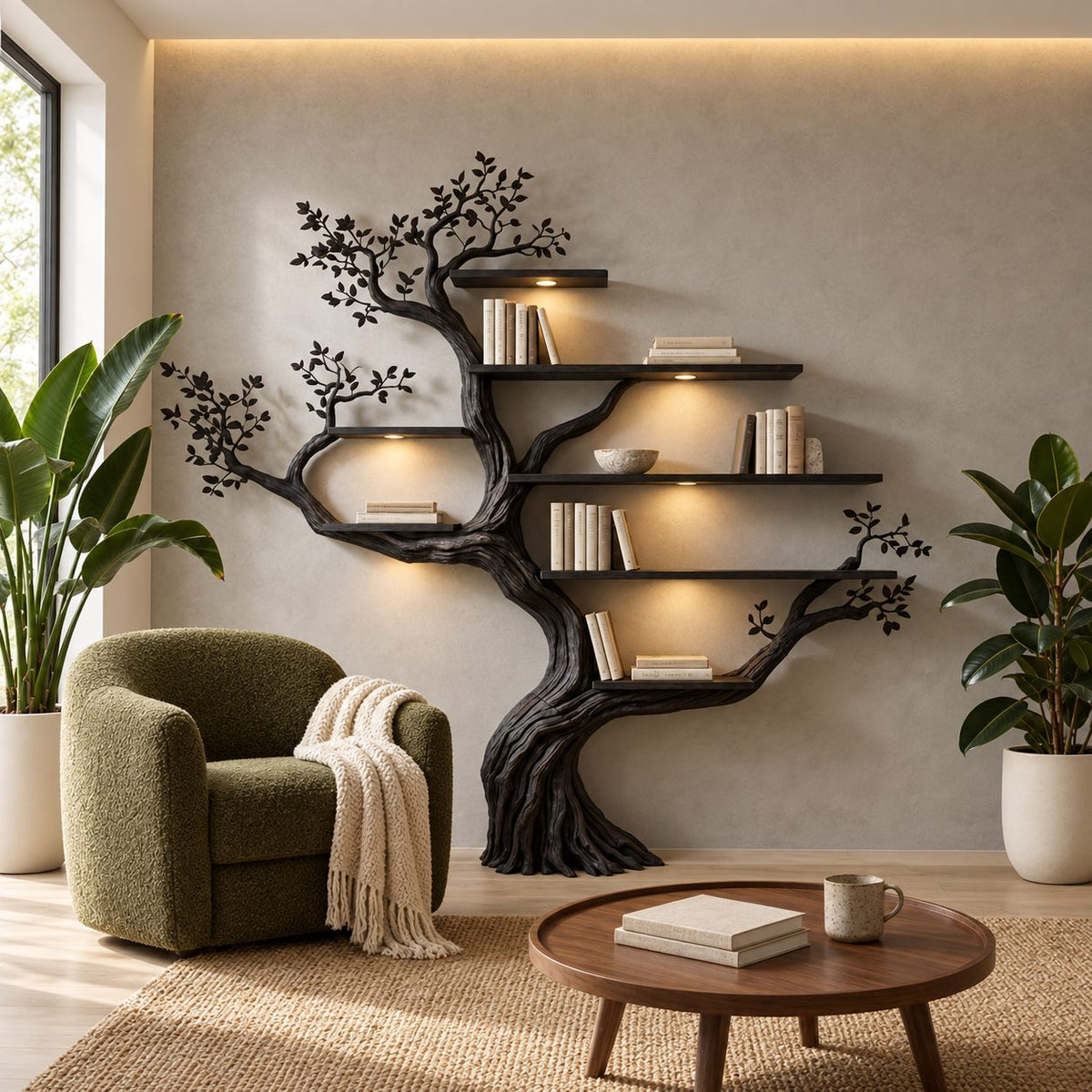Wall Tree Bookshelf with Gnarled Trunk and Carved Leaf Branches, Floating Branch Bookcase 70 Inch