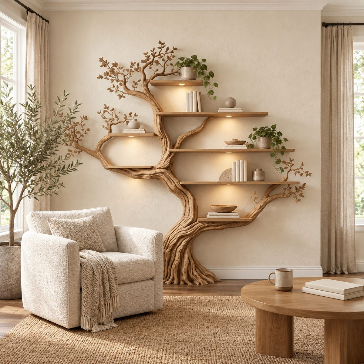 Wall Tree Bookshelf with Gnarled Trunk and Carved Leaf Branches, Floating Branch Bookcase 70 Inch