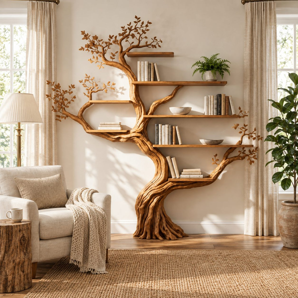 Wall Tree Bookshelf with Gnarled Trunk and Carved Leaf Branches, Floating Branch Bookcase 70 Inch