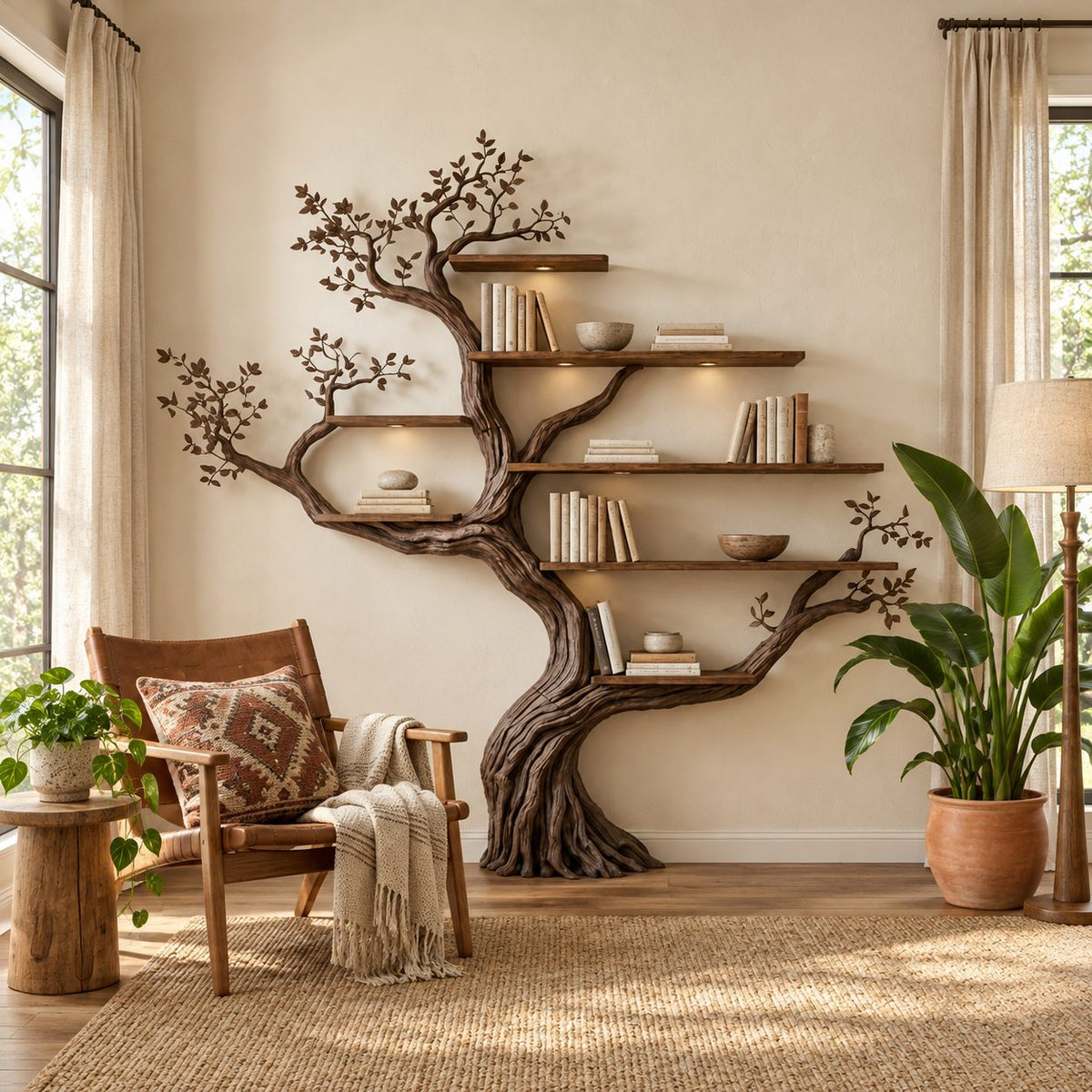 Wall Tree Bookshelf with Gnarled Trunk and Carved Leaf Branches, Floating Branch Bookcase 70 Inch