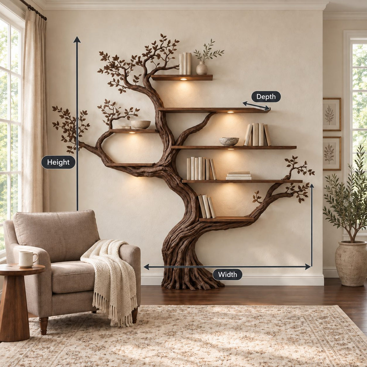 Wall Tree Bookshelf with Gnarled Trunk and Carved Leaf Branches, Floating Branch Bookcase 70 Inch