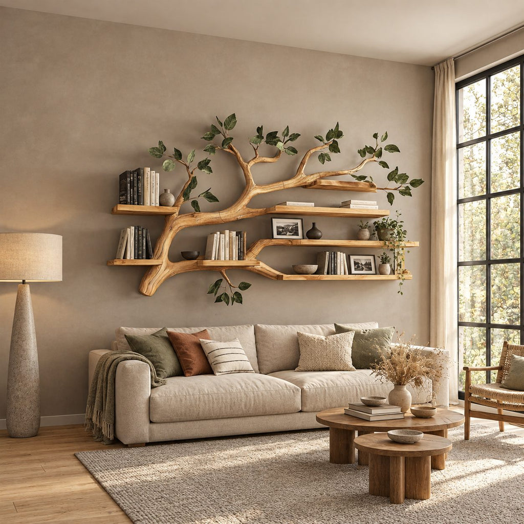 Tree Branch Floating Shelf, Wall Mounted Branch Bookshelf with Plank Shelves for Over Sofa or Bed