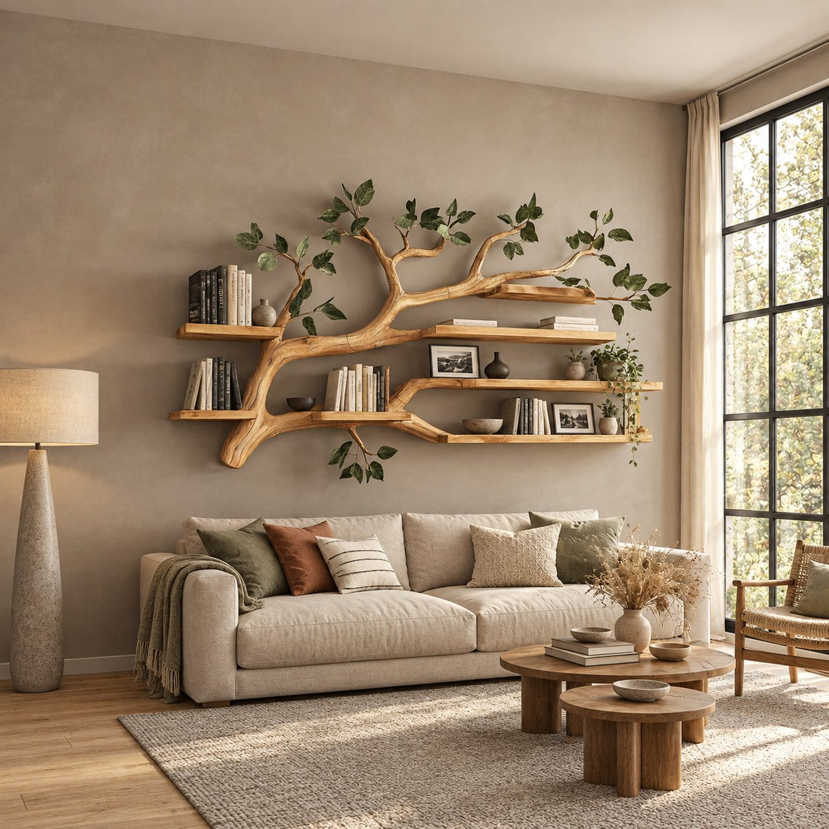 Tree Branch Floating Shelf, Wall Mounted Branch Bookshelf with Plank Shelves for Over Sofa or Bed