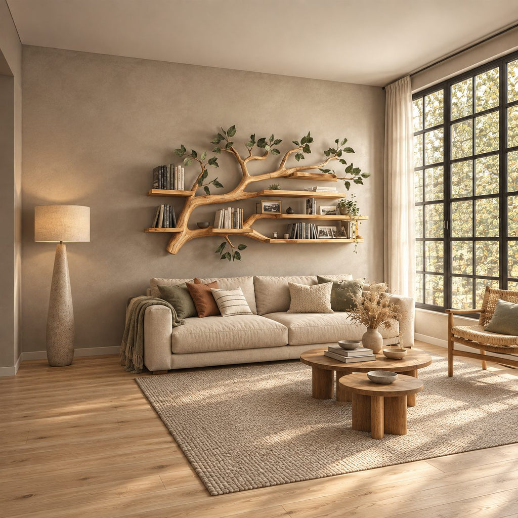 Tree Branch Floating Shelf, Wall Mounted Branch Bookshelf with Plank Shelves for Over Sofa or Bed