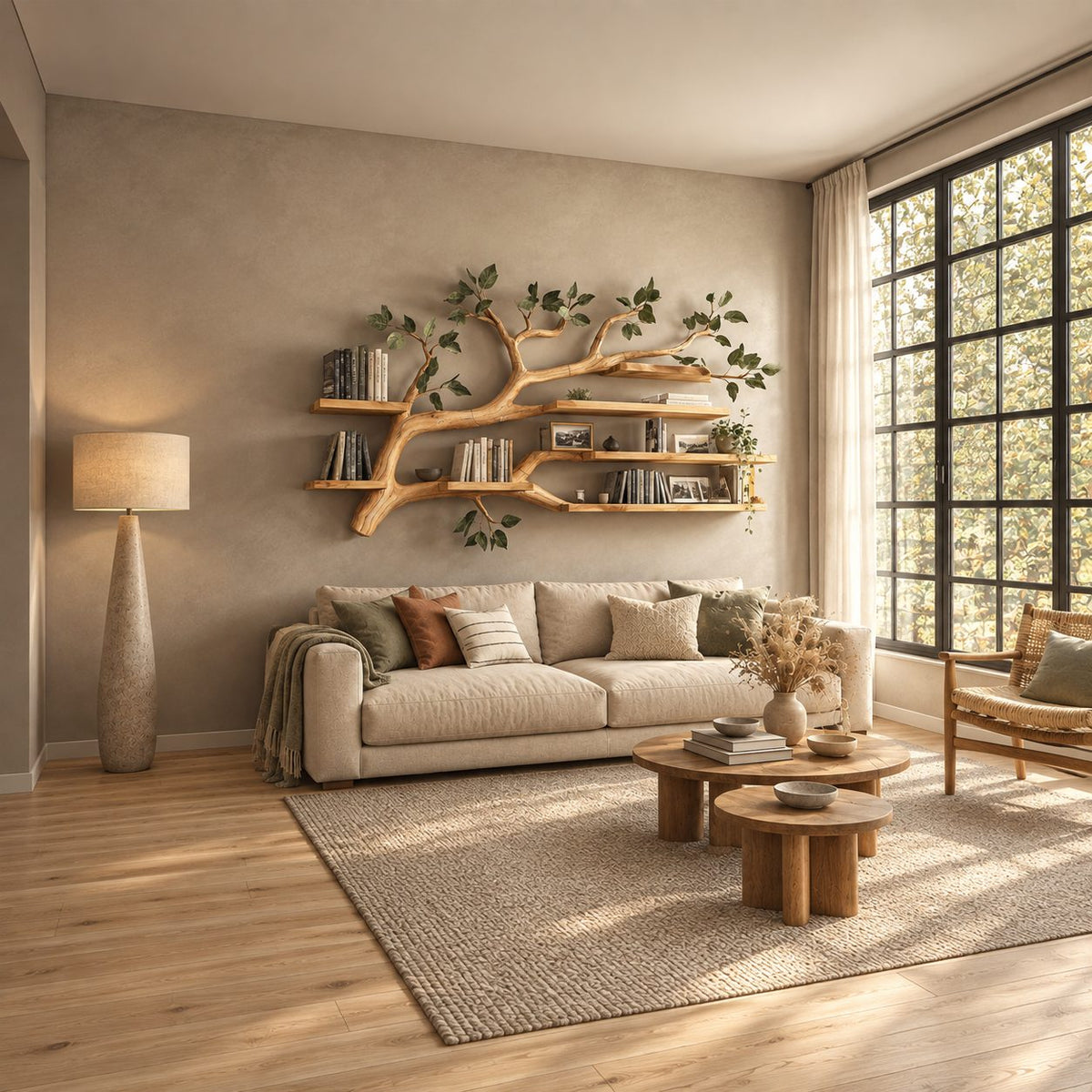 Tree Branch Floating Shelf, Wall Mounted Branch Bookshelf with Plank Shelves for Over Sofa or Bed
