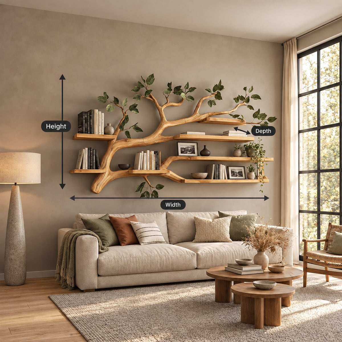 Tree Branch Floating Shelf, Wall Mounted Branch Bookshelf with Plank Shelves for Over Sofa or Bed