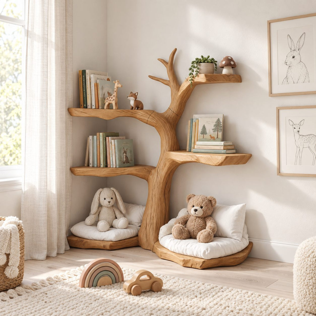 Kids Corner Tree Bookshelf with Live Edge Slab Tiers and Low Toy Ledges, Nursery Book Shelf