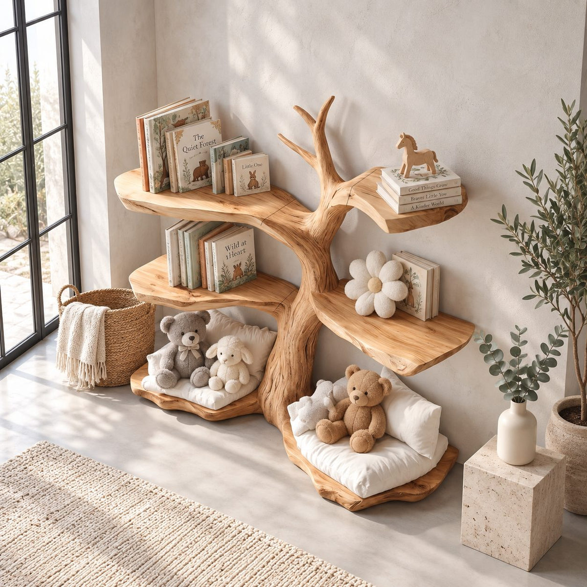 Kids Corner Tree Bookshelf with Live Edge Slab Tiers and Low Toy Ledges, Nursery Book Shelf