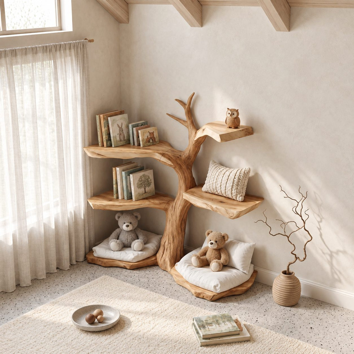 Kids Corner Tree Bookshelf with Live Edge Slab Tiers and Low Toy Ledges, Nursery Book Shelf