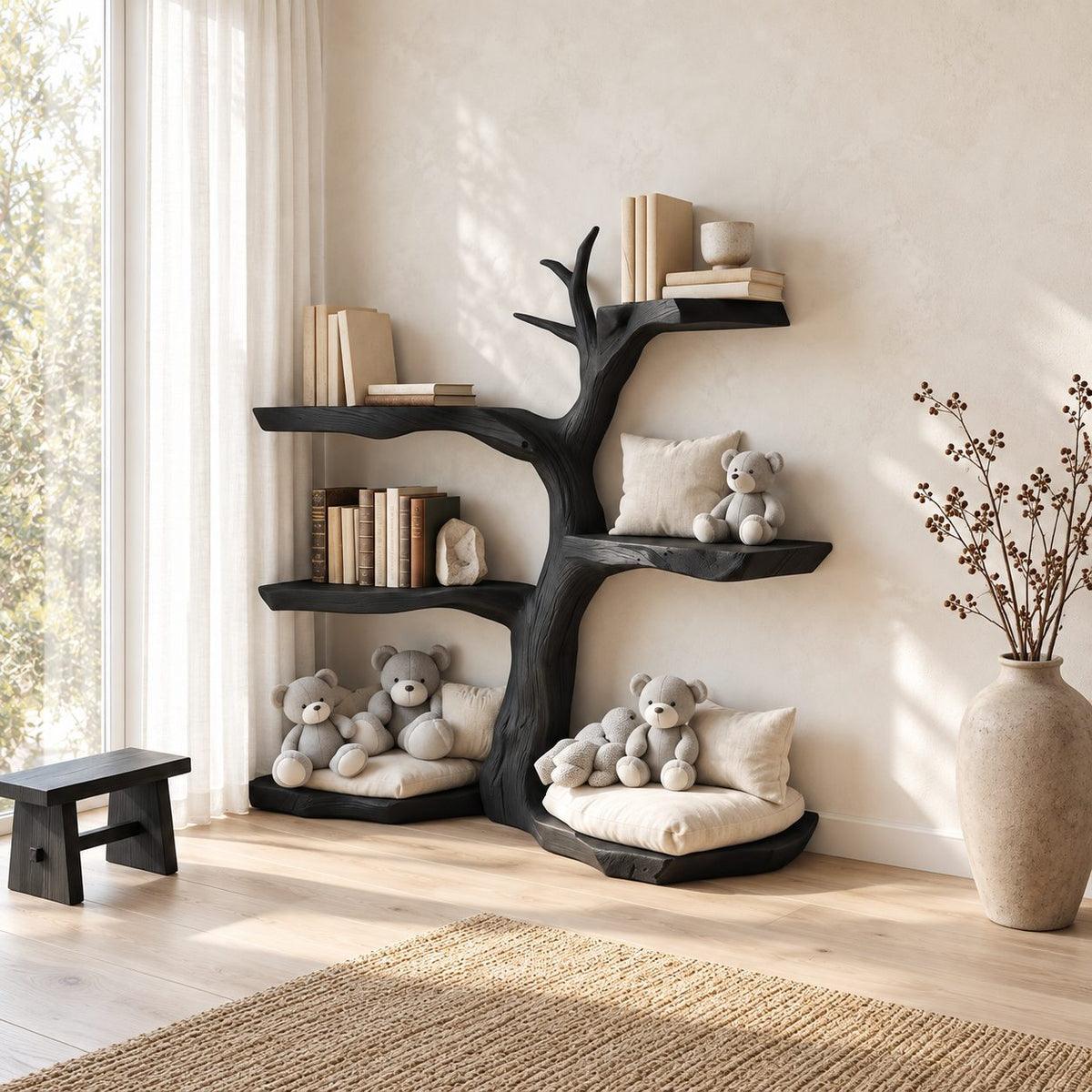 Kids Corner Tree Bookshelf with Live Edge Slab Tiers and Low Toy Ledges, Nursery Book Shelf