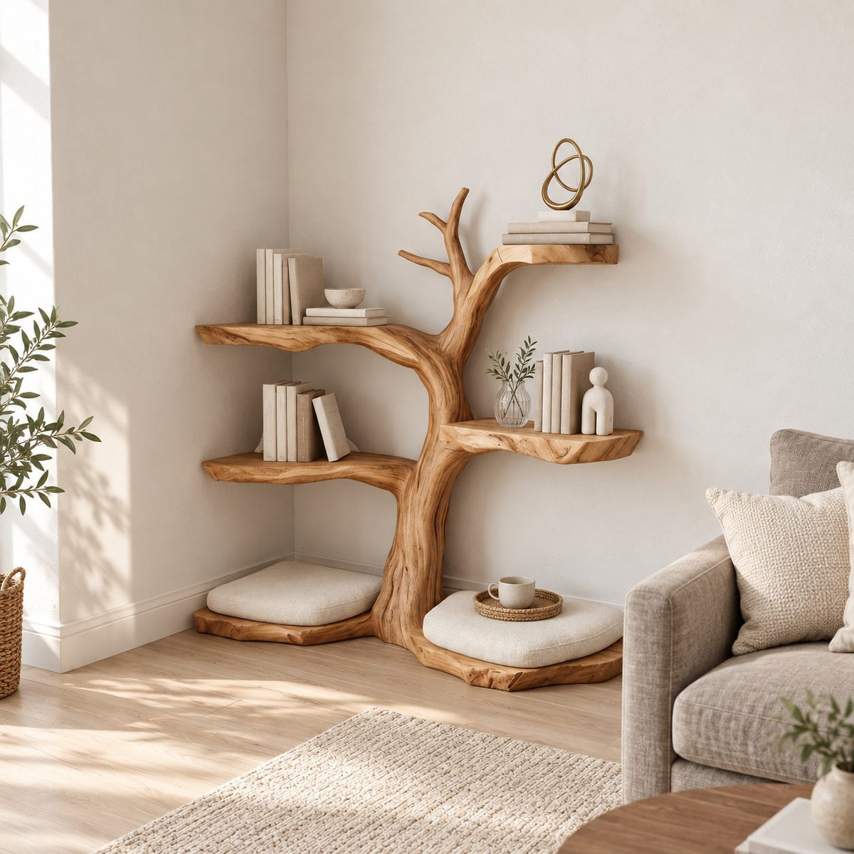 Kids Corner Tree Bookshelf with Live Edge Slab Tiers and Low Toy Ledges, Nursery Book Shelf