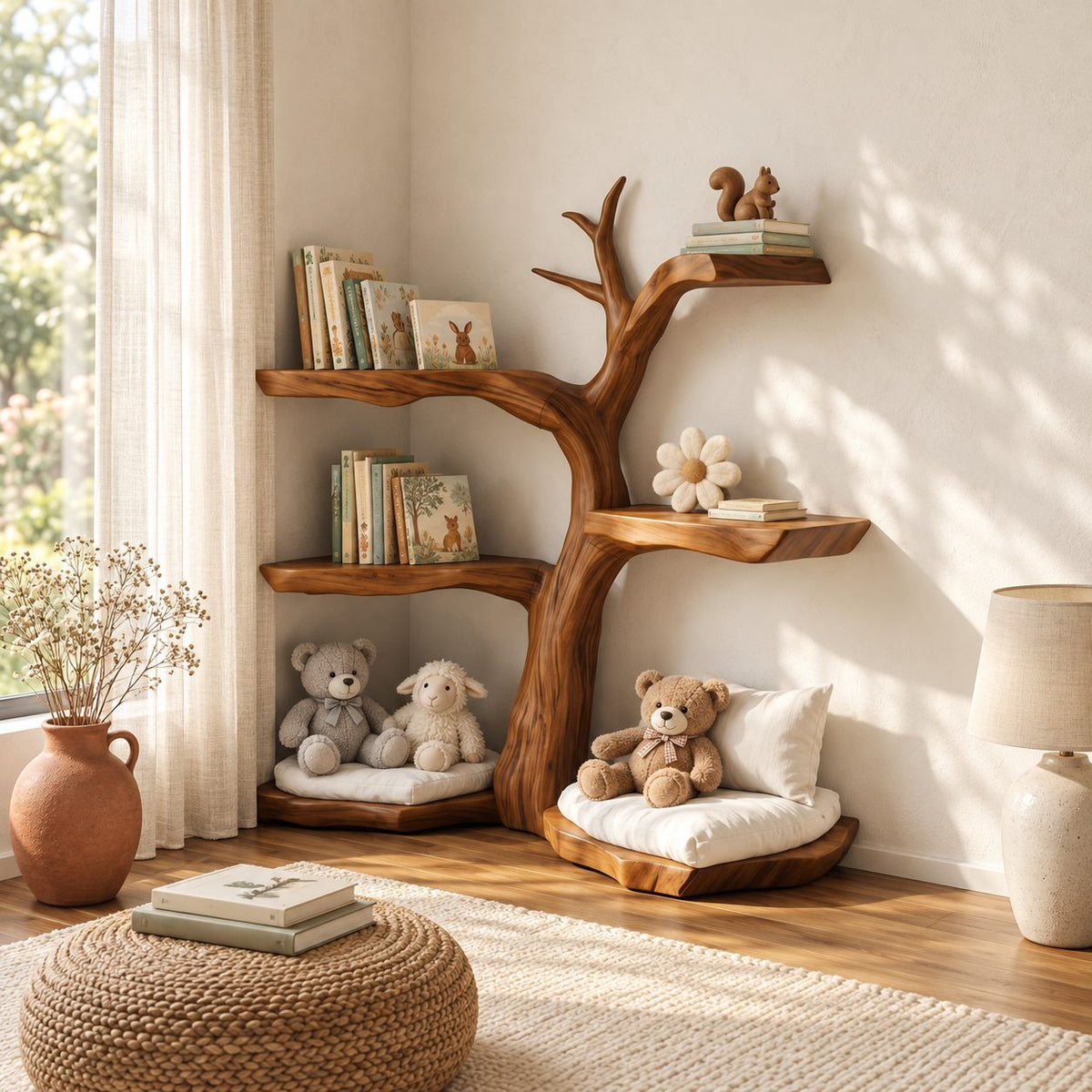 Kids Corner Tree Bookshelf with Live Edge Slab Tiers and Low Toy Ledges, Nursery Book Shelf