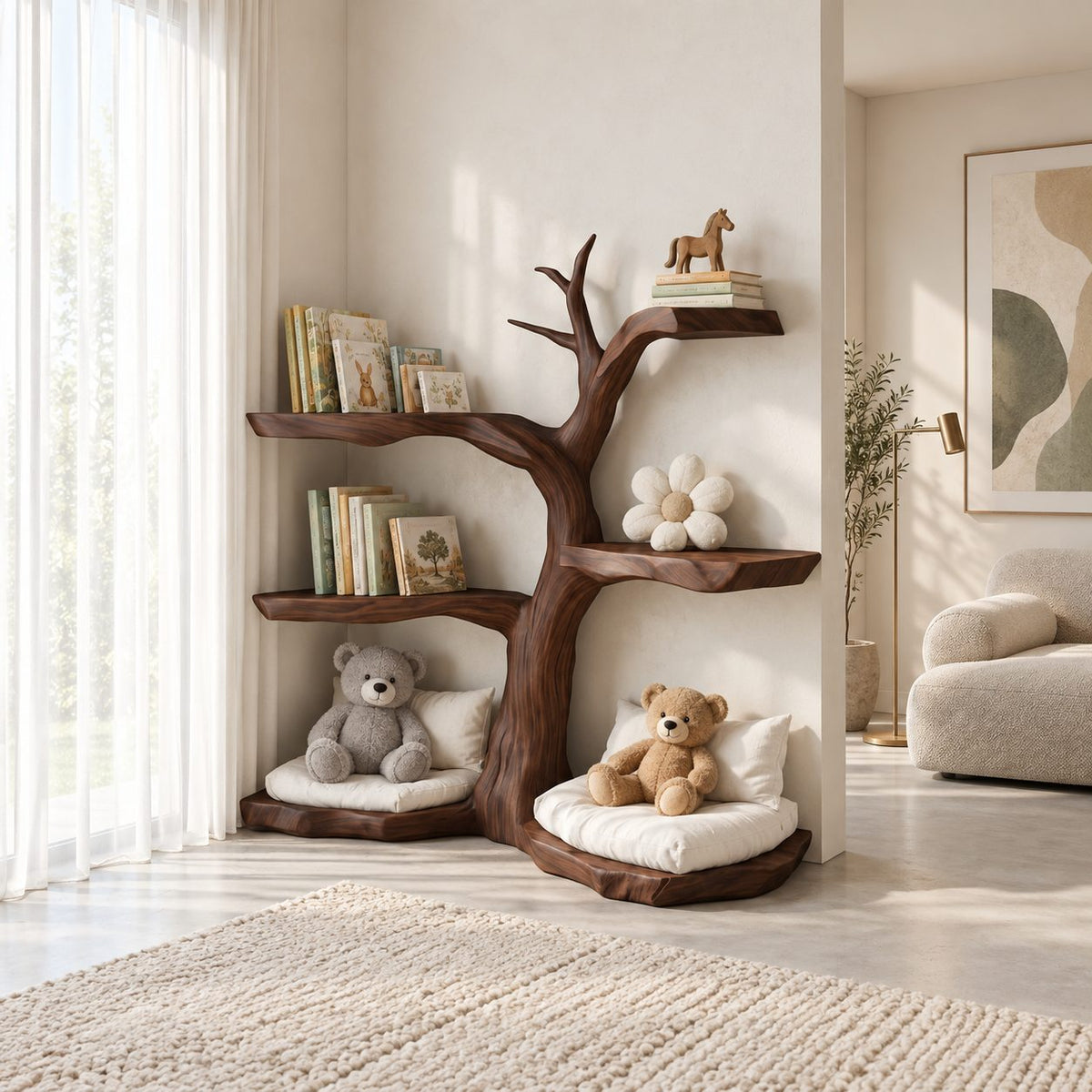 Kids Corner Tree Bookshelf with Live Edge Slab Tiers and Low Toy Ledges, Nursery Book Shelf