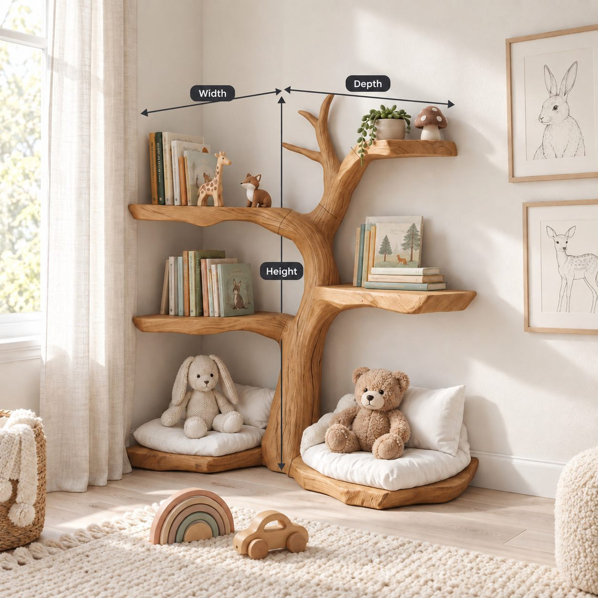 Kids Corner Tree Bookshelf with Live Edge Slab Tiers and Low Toy Ledges, Nursery Book Shelf