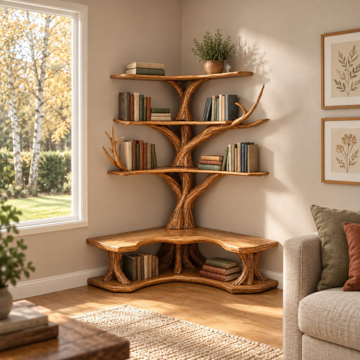 Corner Tree Bookshelf with Built In L Shaped Reading Bench and Three L Shelf Tiers, Twisting Trunk