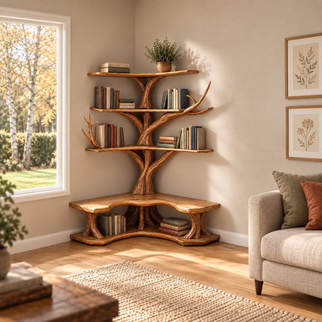 Corner Tree Bookshelf with Built In L Shaped Reading Bench and Three L Shelf Tiers, Twisting Trunk