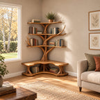 Corner Tree Bookshelf with Built In L Shaped Reading Bench and Three L Shelf Tiers, Twisting Trunk