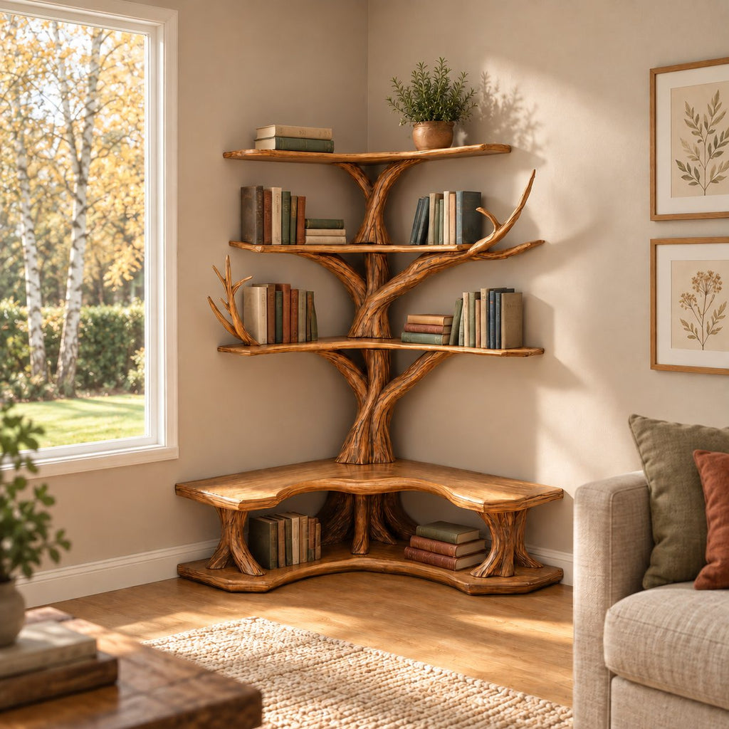Corner Tree Bookshelf with Built In L Shaped Reading Bench and Three L Shelf Tiers, Twisting Trunk