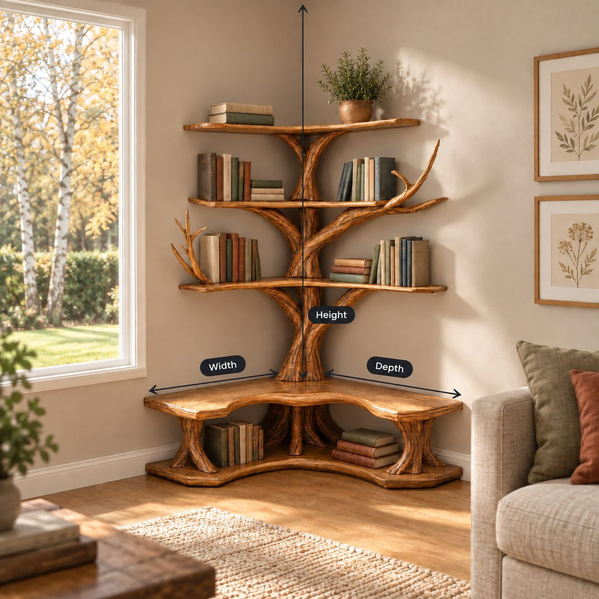 Corner Tree Bookshelf with Built In L Shaped Reading Bench and Three L Shelf Tiers, Twisting Trunk