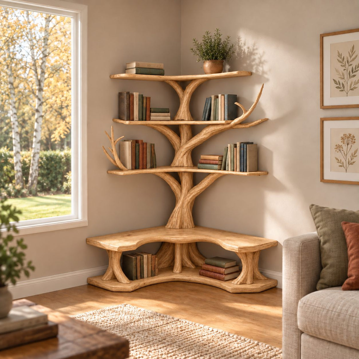 Corner Tree Bookshelf with Built In L Shaped Reading Bench and Three L Shelf Tiers, Twisting Trunk