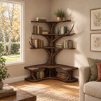 Corner Tree Bookshelf with Built In L Shaped Reading Bench and Three L Shelf Tiers, Twisting Trunk