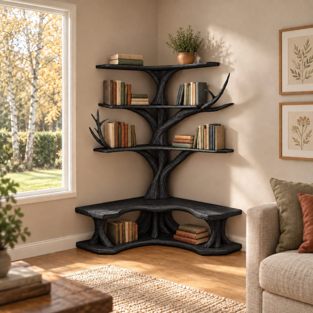 Corner Tree Bookshelf with Built In L Shaped Reading Bench and Three L Shelf Tiers, Twisting Trunk