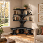Corner Tree Bookshelf with Built In L Shaped Reading Bench and Three L Shelf Tiers, Twisting Trunk