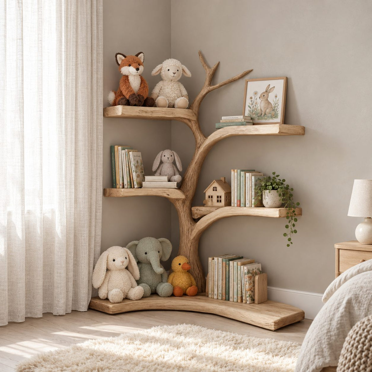 Kids Corner Tree Bookshelf with Curved Branch Shelves and L Shaped Floor Slab, Nursery Book Display