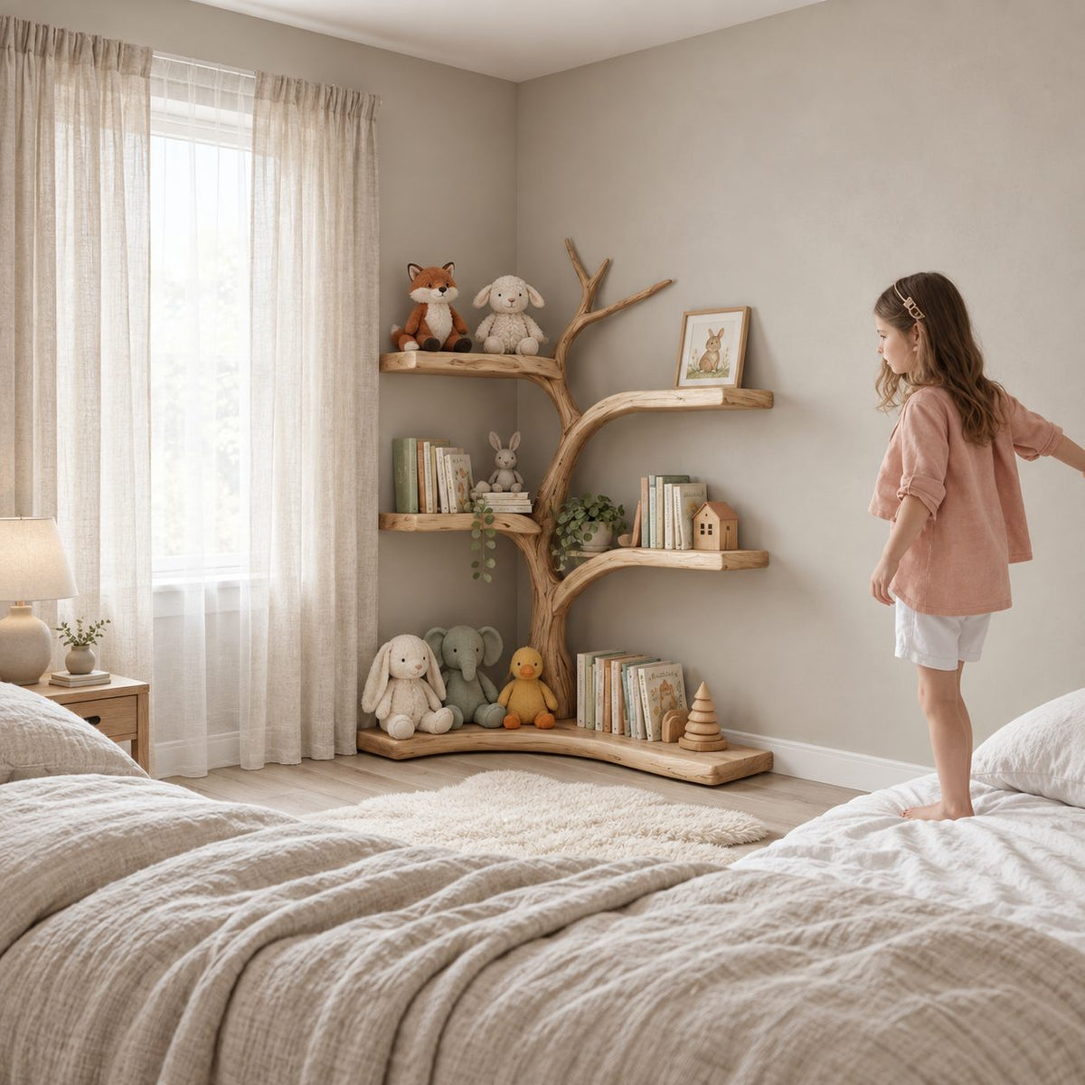 Kids Corner Tree Bookshelf with Curved Branch Shelves and L Shaped Floor Slab, Nursery Book Display
