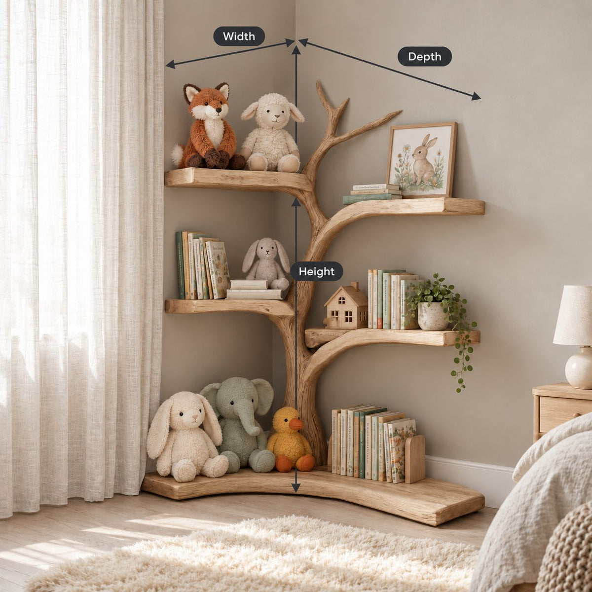 Kids Corner Tree Bookshelf with Curved Branch Shelves and L Shaped Floor Slab, Nursery Book Display
