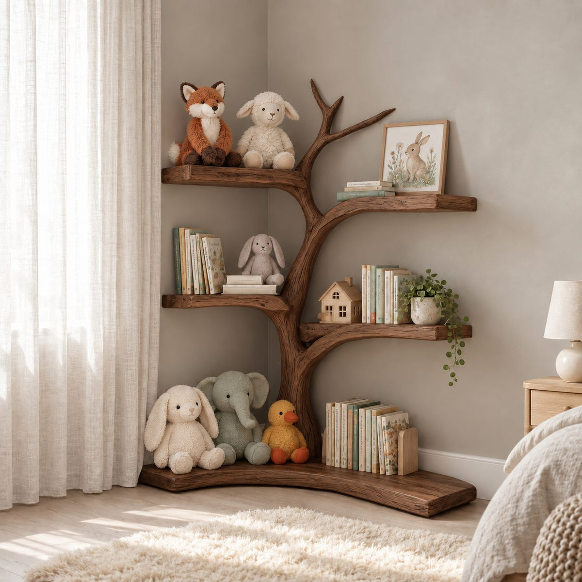 Kids Corner Tree Bookshelf with Curved Branch Shelves and L Shaped Floor Slab, Nursery Book Display